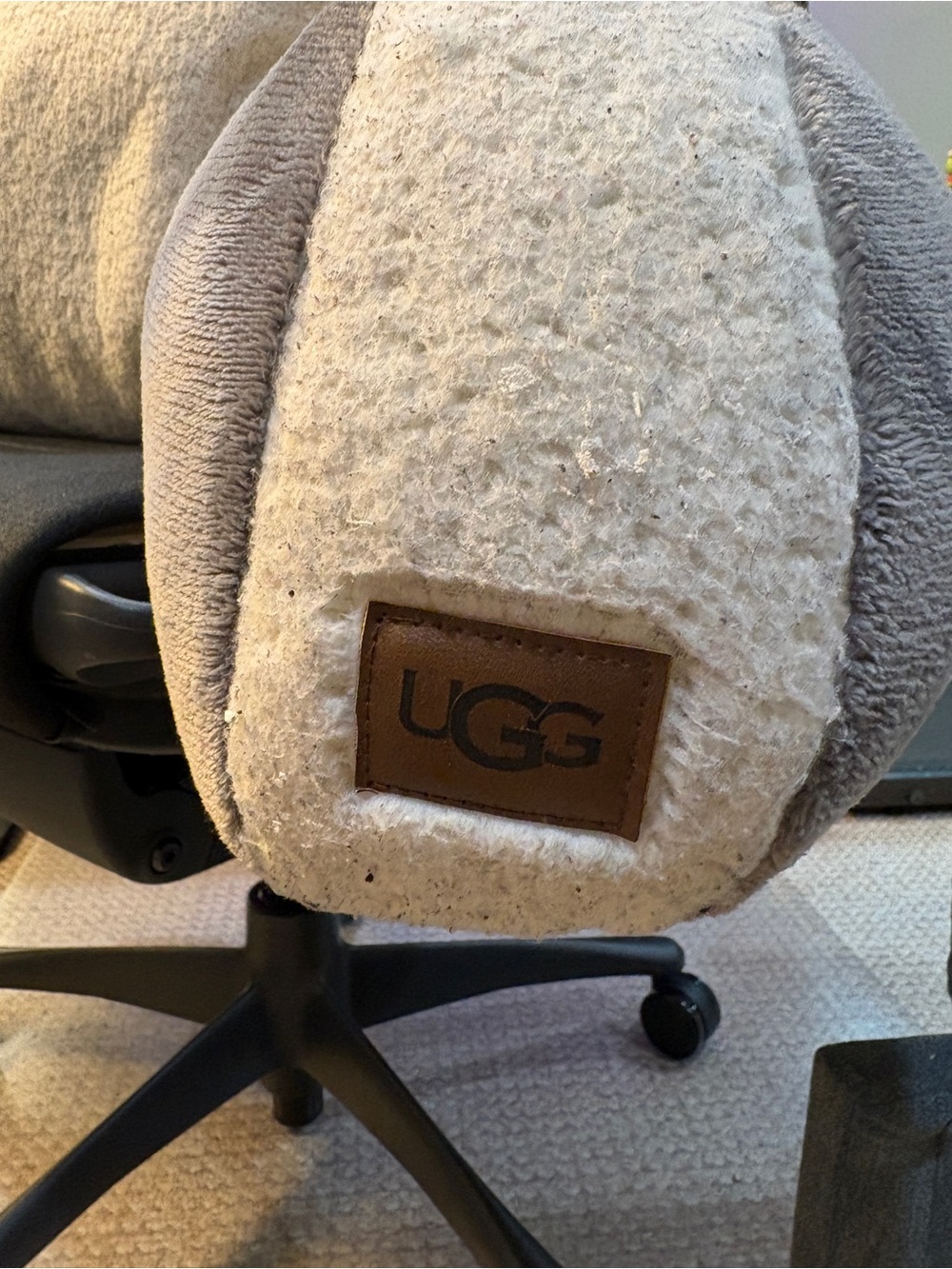 UGG Cream and Gray Sherpa Lumbar Pillow with Leather Logo - Picture 2 of 3